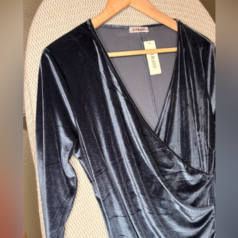 Women’s Velvet Long Sleeve Wrap Dress - Picture 2 of 7